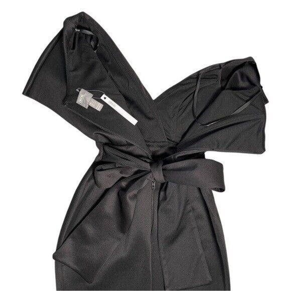 NWT ASOS Bardot Black Midi Dress – Off Shoulder Tie Waist Pencil Dress Size 0 - Picture 5 of 9